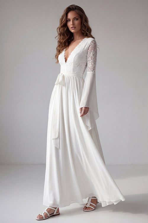 Flare Sleeves White V-Neck A Line Long Beach Wedding Dress with Lace