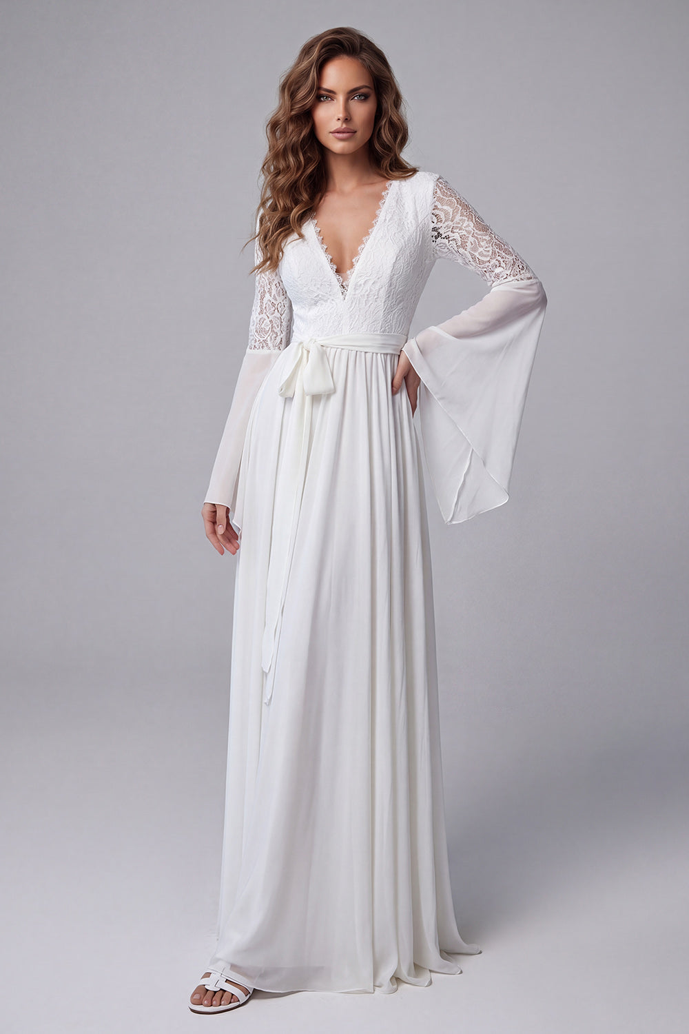 Flare Sleeves White V-Neck A Line Long Beach Wedding Dress with Lace