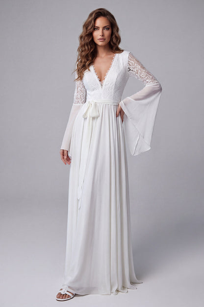 Flare Sleeves White V-Neck A Line Long Beach Wedding Dress with Lace