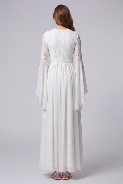 Flare Sleeves White V-Neck A Line Long Beach Wedding Dress with Lace
