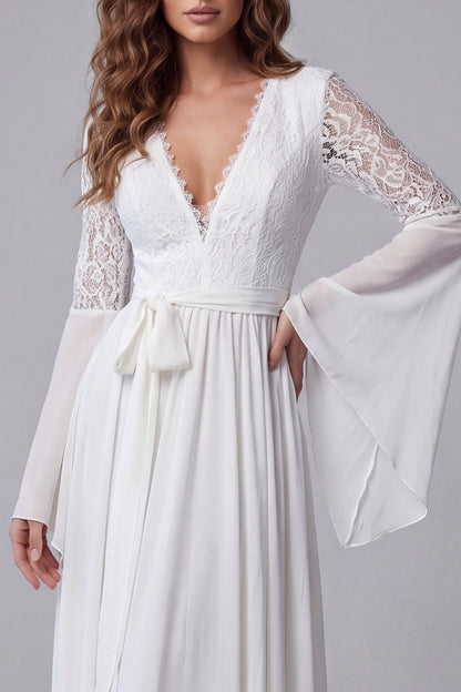 Flare Sleeves White V-Neck A Line Long Beach Wedding Dress with Lace