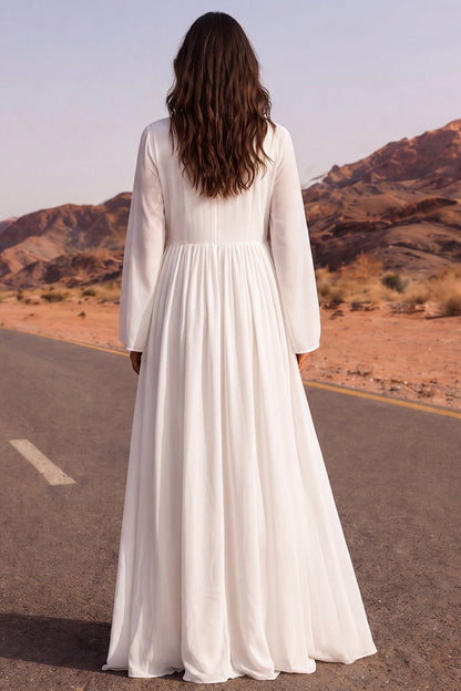 A Line Long Sleeves White Floor Length V-Neck Beach Wedding Dress with Sleeves