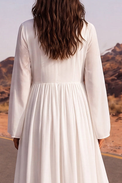 A Line Long Sleeves White Floor Length V-Neck Beach Wedding Dress with Sleeves