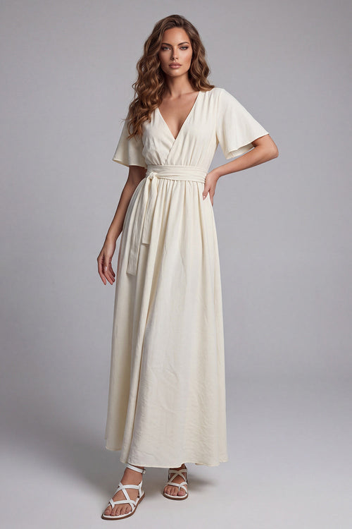 Short Sleeves Apricot V-Neck A Line Maxi Beach Wedding Dress with Sash