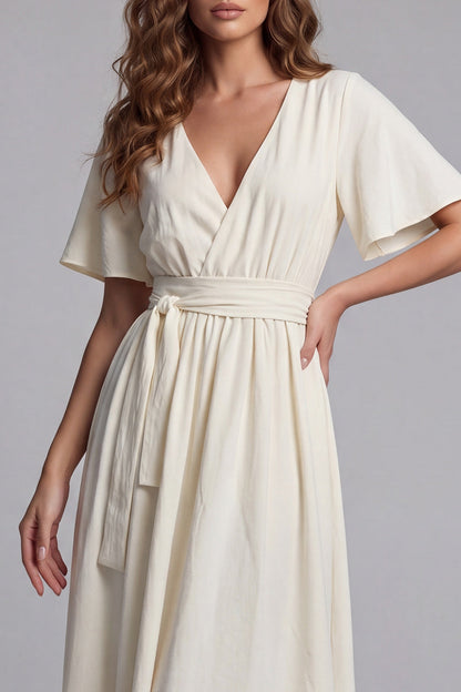 Short Sleeves Apricot V-Neck A Line Maxi Beach Wedding Dress with Sash