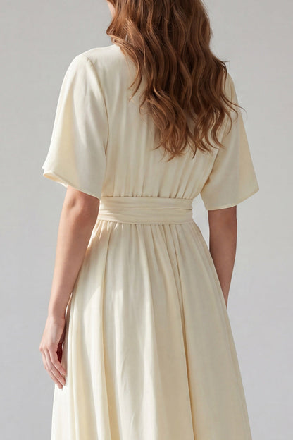 Short Sleeves Apricot V-Neck A Line Maxi Beach Wedding Dress with Sash