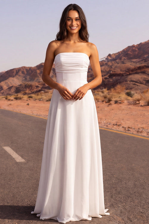 Strapless Ruched A Line White Long Beach Wedding Dress
