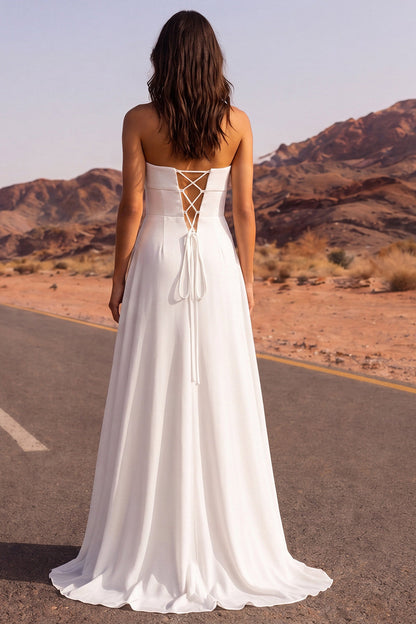 Strapless Ruched A Line White Long Beach Wedding Dress