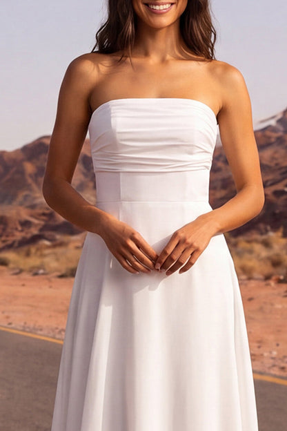 Strapless Ruched A Line White Long Beach Wedding Dress