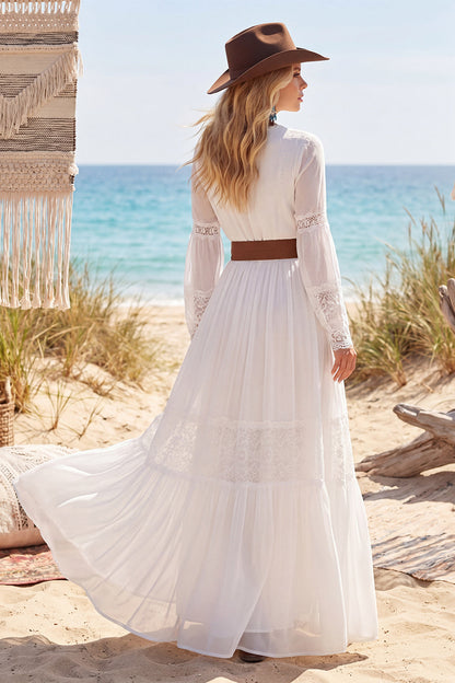 Long Sleeves A Line White Long V-Neck Western Wedding Dress with Belt