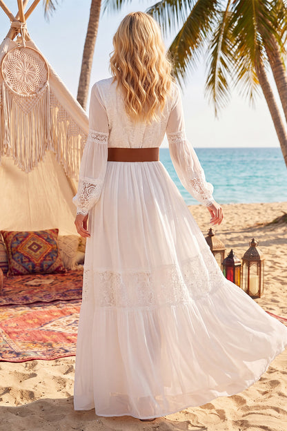 Long Sleeves A Line White Long V-Neck Western Wedding Dress with Belt