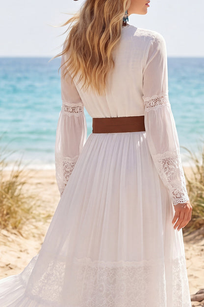Long Sleeves A Line White Long V-Neck Western Wedding Dress with Belt