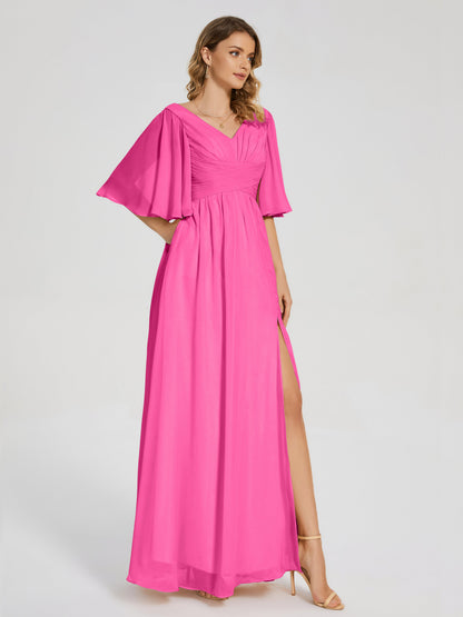 Amina Half Sleeves V-neck Chiffon Bridesmaid Dress