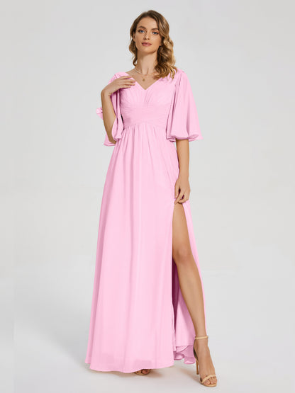 Amina Half Sleeves V-neck Chiffon Bridesmaid Dress