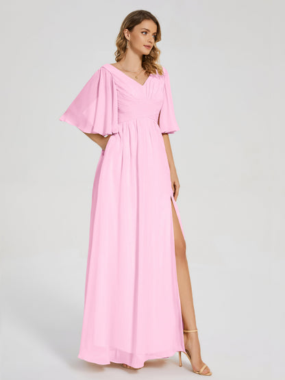 Amina Half Sleeves V-neck Chiffon Bridesmaid Dress