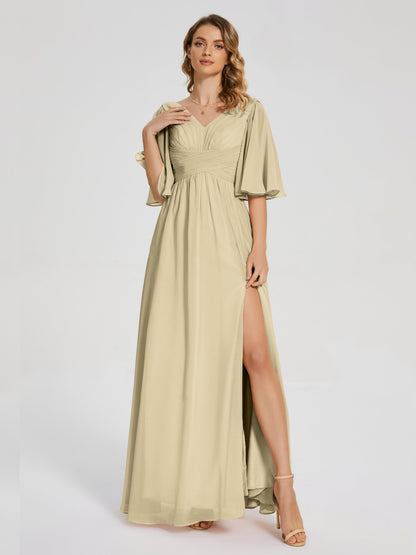 Amina Half Sleeves V-neck Chiffon Bridesmaid Dress