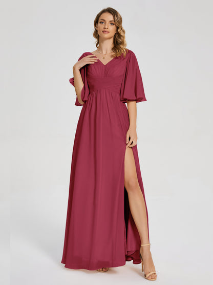 Amina Half Sleeves V-neck Chiffon Bridesmaid Dress