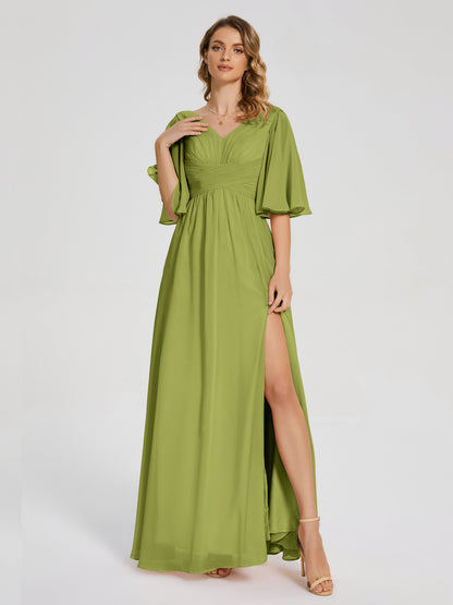 Amina Half Sleeves V-neck Chiffon Bridesmaid Dress