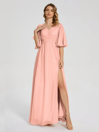 Amina Half Sleeves V-neck Chiffon Bridesmaid Dress