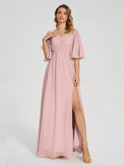 Amina Half Sleeves V-neck Chiffon Bridesmaid Dress
