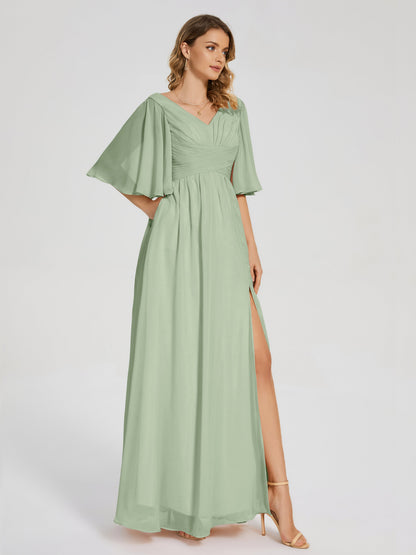 Amina Half Sleeves V-neck Chiffon Bridesmaid Dress