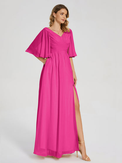 Amina Half Sleeves V-neck Chiffon Bridesmaid Dress