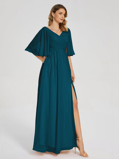 Amina Half Sleeves V-neck Chiffon Bridesmaid Dress