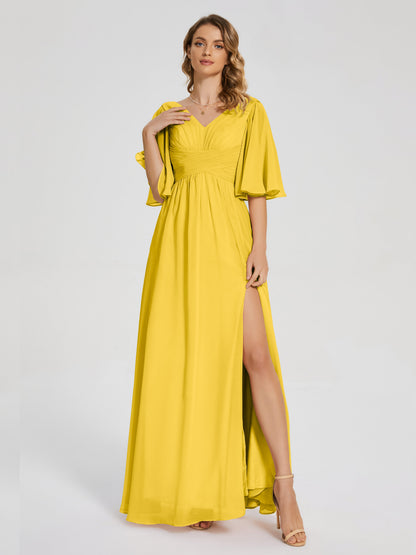 Amina Half Sleeves V-neck Chiffon Bridesmaid Dress