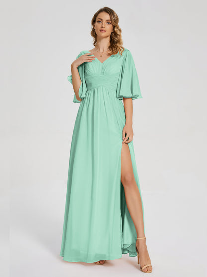 Amina Half Sleeves V-neck Chiffon Bridesmaid Dress