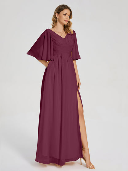 Amina Half Sleeves V-neck Chiffon Bridesmaid Dress