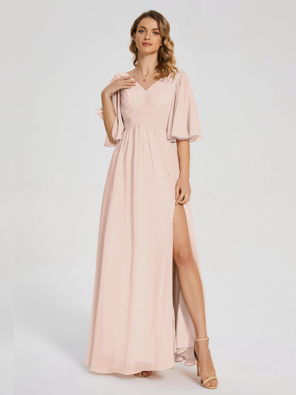 Amina Half Sleeves V-neck Chiffon Bridesmaid Dress