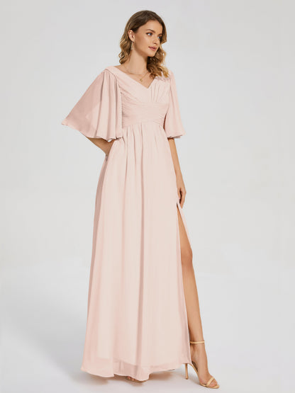 Amina Half Sleeves V-neck Chiffon Bridesmaid Dress