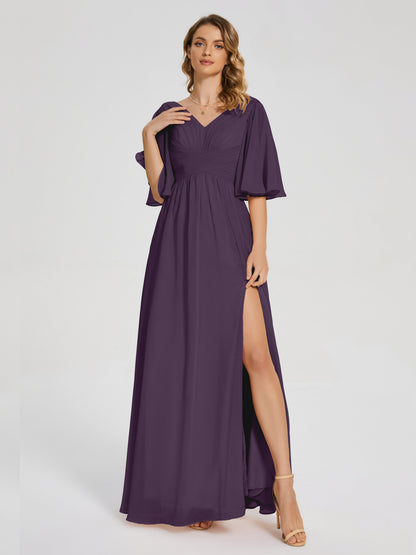 Amina Half Sleeves V-neck Chiffon Bridesmaid Dress