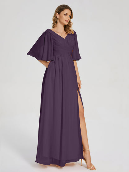 Amina Half Sleeves V-neck Chiffon Bridesmaid Dress