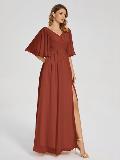Amina Half Sleeves V-neck Chiffon Bridesmaid Dress