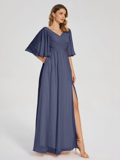 Amina Half Sleeves V-neck Chiffon Bridesmaid Dress
