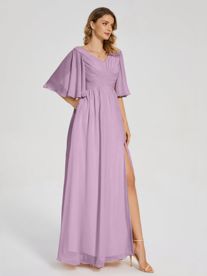 Amina Half Sleeves V-neck Chiffon Bridesmaid Dress