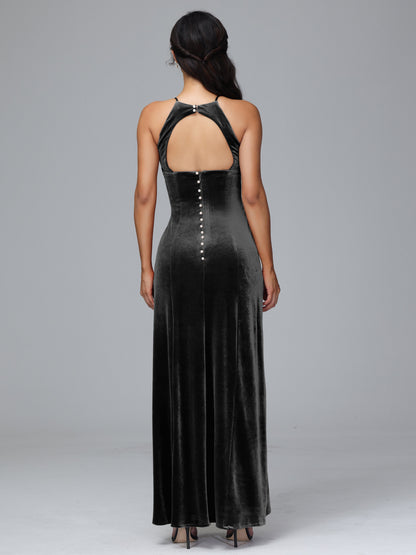 Halter Open Back Velvet Bridesmaid Dress