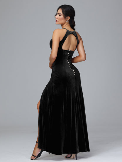 Halter Open Back Velvet Bridesmaid Dress