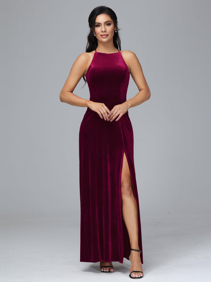 Halter Open Back Velvet Bridesmaid Dress