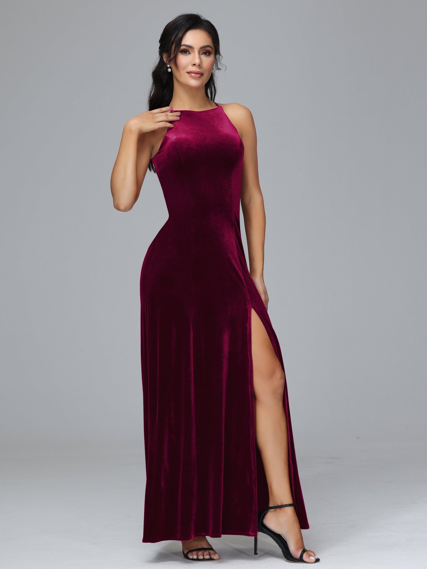Halter Open Back Velvet Bridesmaid Dress