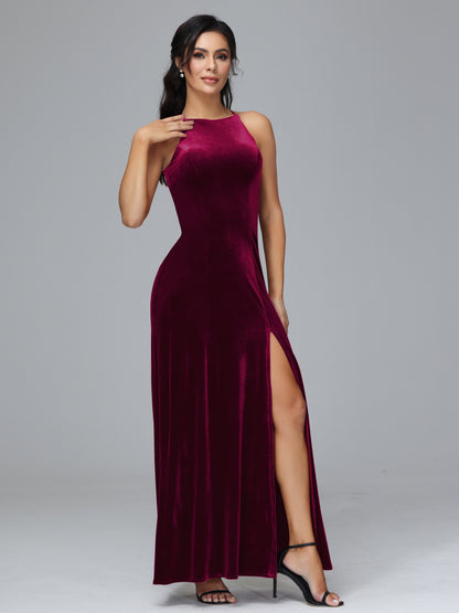 Halter Open Back Velvet Bridesmaid Dress
