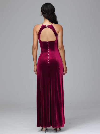 Halter Open Back Velvet Bridesmaid Dress