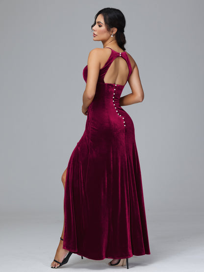 Halter Open Back Velvet Bridesmaid Dress