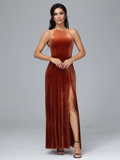 Halter Open Back Velvet Bridesmaid Dress