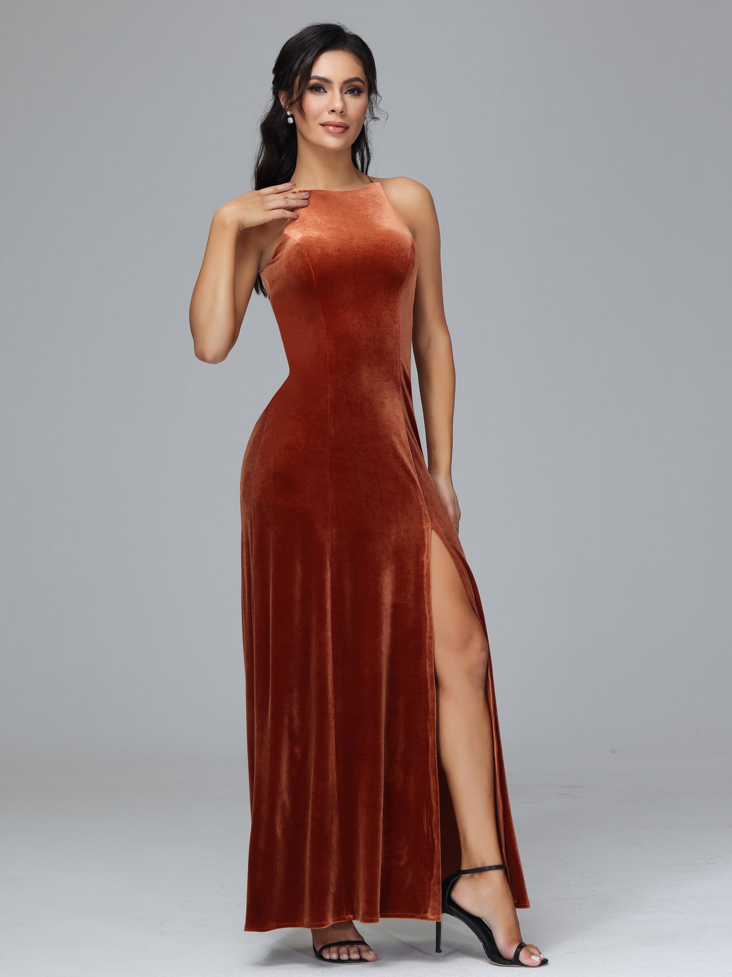 Halter Open Back Velvet Bridesmaid Dress