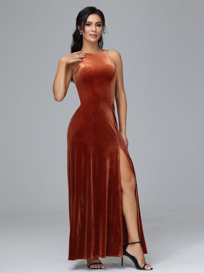 Halter Open Back Velvet Bridesmaid Dress
