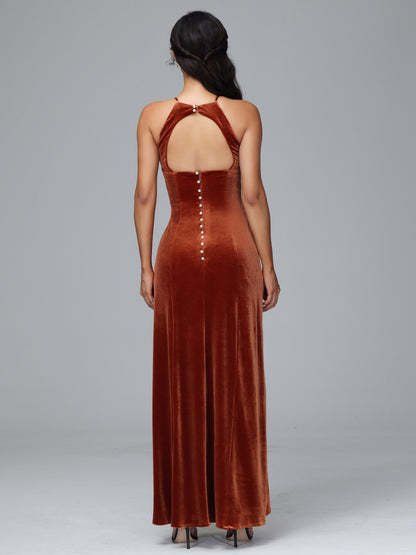 Halter Open Back Velvet Bridesmaid Dress