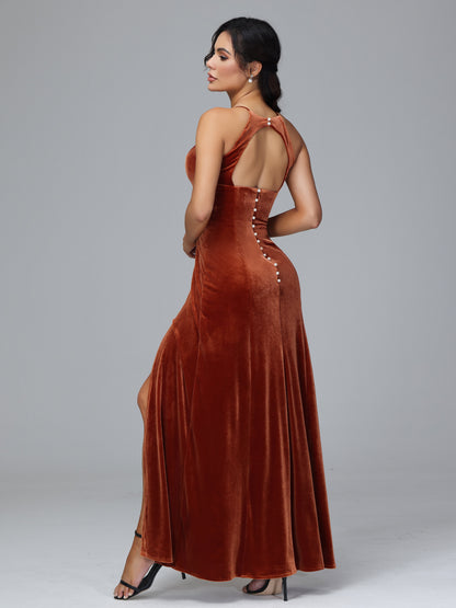 Halter Open Back Velvet Bridesmaid Dress