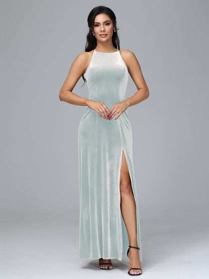 Halter Open Back Velvet Bridesmaid Dress